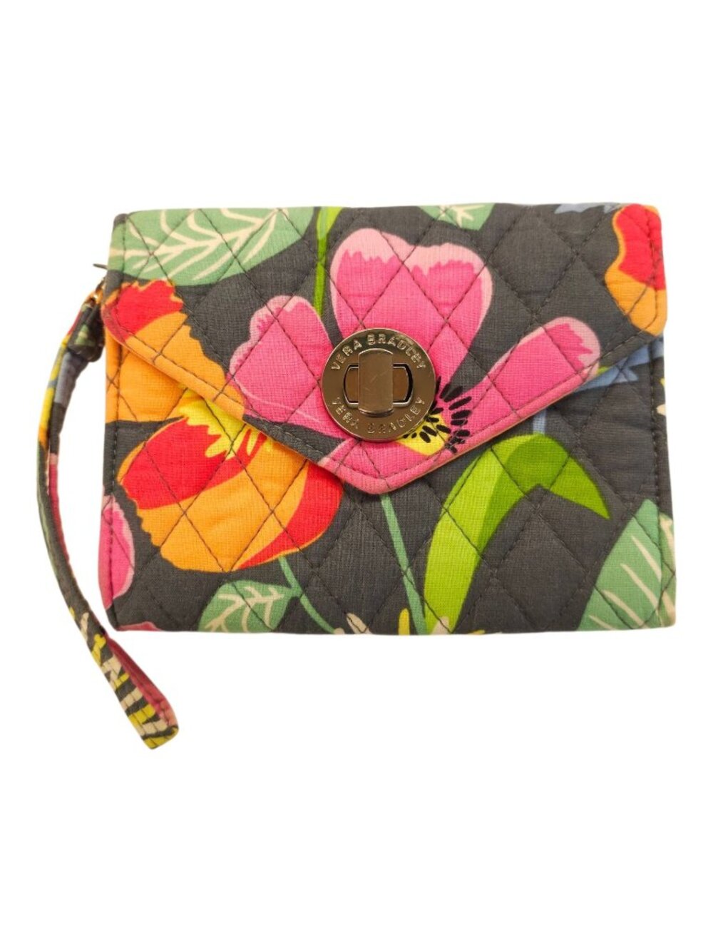 Vera Bradley Quilted Floral Turnlock Wristlet Wallet Clutch Black Pink Floral